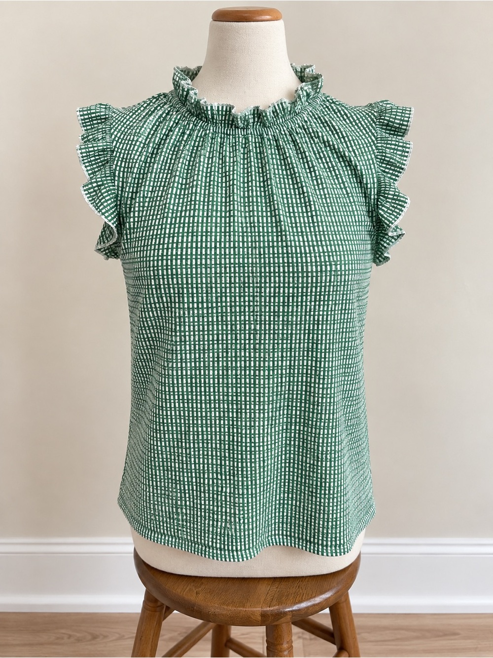 W5 Green Gingham Ruffle Sleeve Smocked Neck Camisole